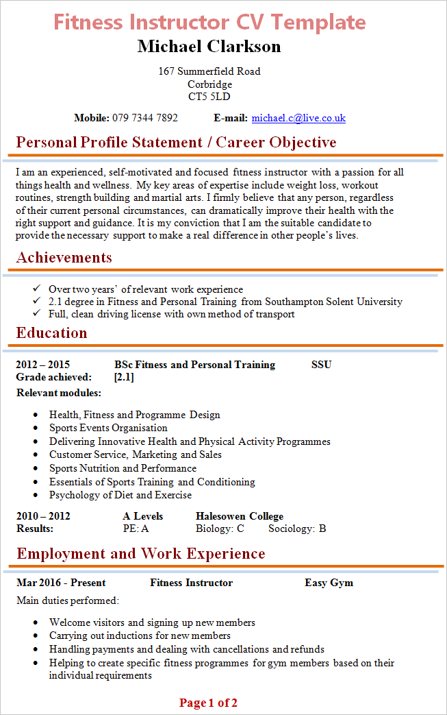 Fitness instructor CV