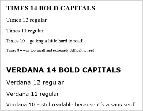 Preview font size Verdana and Times New Roman